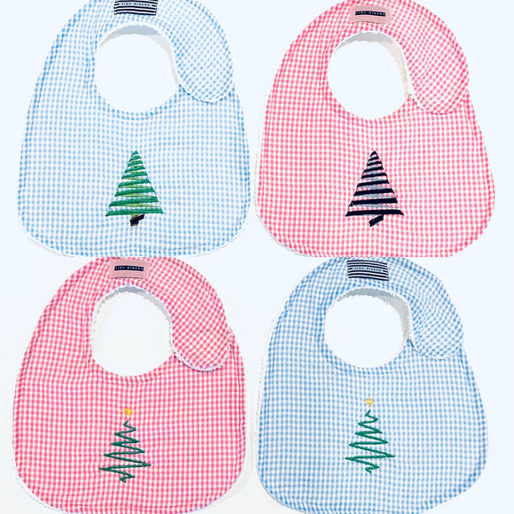 CHRISTMAS TREE ON SEERSUCKER SMALL BABY BIB