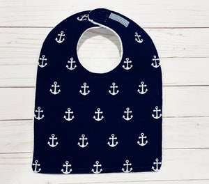 White Anchors on Navy Blue Baby Bib
