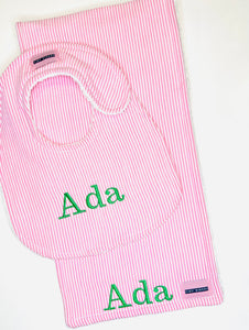 Pink Stripe Seersucker Bib and Burp Pad Gift Set