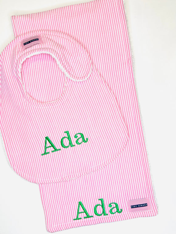 Pink Stripe Seersucker Bib and Burp Pad Gift Set