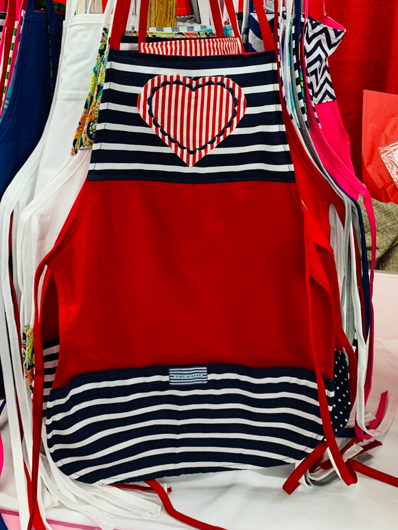 NAVY STRIPE W/RED STRIPE HEART APPLIQUE ON RED TODDLER APRON
