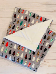 Decorative Trees on Gray Flannel Blanket