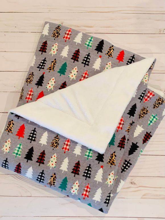 Decorative Trees on Gray Flannel Blanket