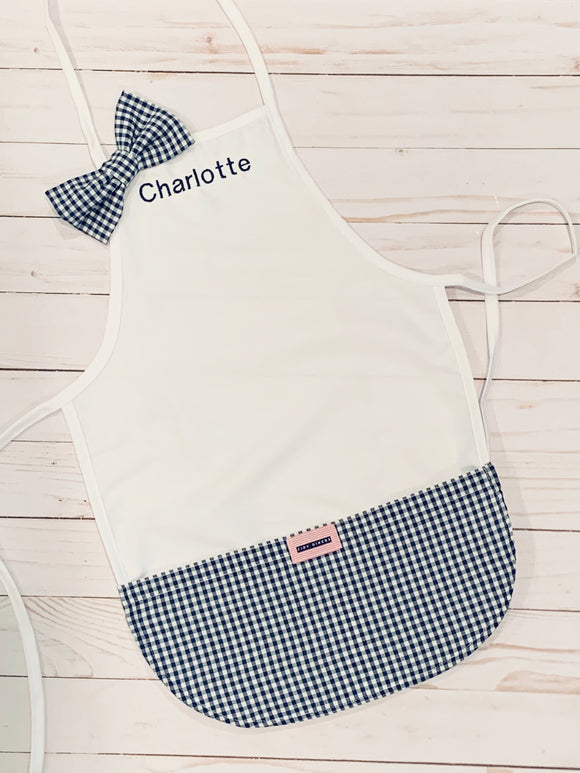 NAVY GINGHAM TRIMMED APRON FOR TODDLERS WITH A BOW OR NOT, ADD A NAME 