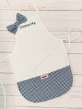 NAVY GINGHAM TRIMMED APRON FOR TODDLERS WITH A BOW OR NOT, ADD A NAME 