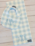 Pastel Light Blue Buffalo Check Bib & Burp Pad Gift Set