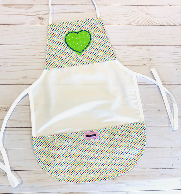 COLORFUL TINY DOTS WITH GREEN HEART APPLIQUE ON WHITE TODDLER APRON