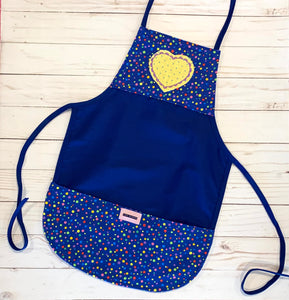 COLORFUL DOT ON ROYAL BLUE WITH YELLOW HEART APPLIQUE ON BLUE TODDLER APRON