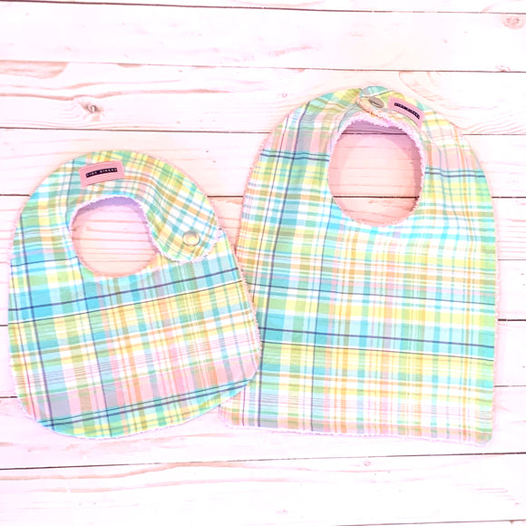 PASTEL PINK, LIGHT BLUE & GREEN MADRAS BABY BIB