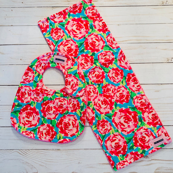 Pretty Pink Roses Bib & Burp Pad Gift Set