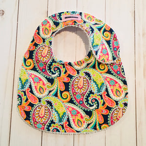 Orange, Green & Yellow on Navy Blue Paisley Baby Bib