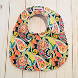 Orange, Green & Yellow on Navy Blue Paisley Baby Bib
