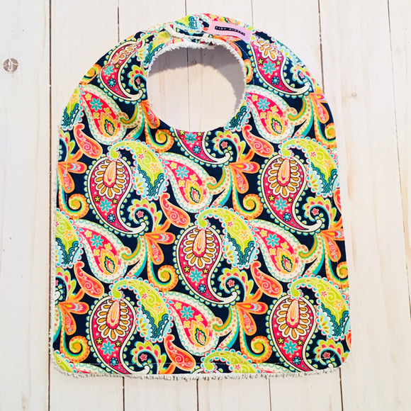 Orange, Green & Yellow on Navy Blue Paisley Baby Bib