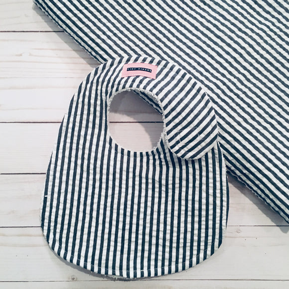 Navy Blue Stripe Seersucker Bib & Burp Pad Gift Set