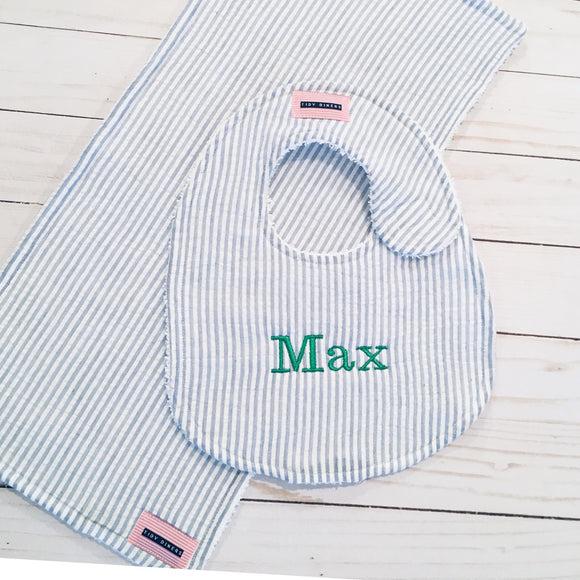 Light Blue Stripe Seersucker Bib & Burp Pad Set
