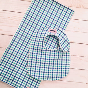 Royal Blue & Mint Green Plaid Seersucker Bib & Burp Pad Gift Set