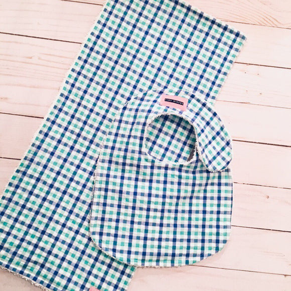 Royal Blue & Mint Green Plaid Seersucker Bib & Burp Pad Gift Set