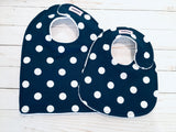 Navy blue with big white dots bib for baby boys or girls perfect baby gift