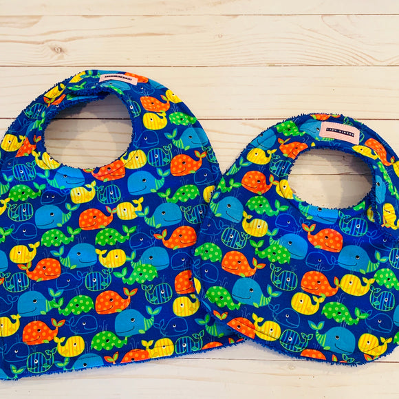 Bold & Bright Whales on Royal Blue Bib