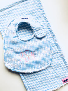 Sky Blue Seersucker Check Bib & Burp Pad Gift Set