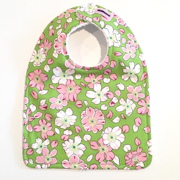 Pink & White Flowers on Apple Green Baby Bib