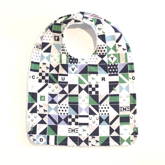 Blue & Green Jockey Silks & Horses Baby Bib