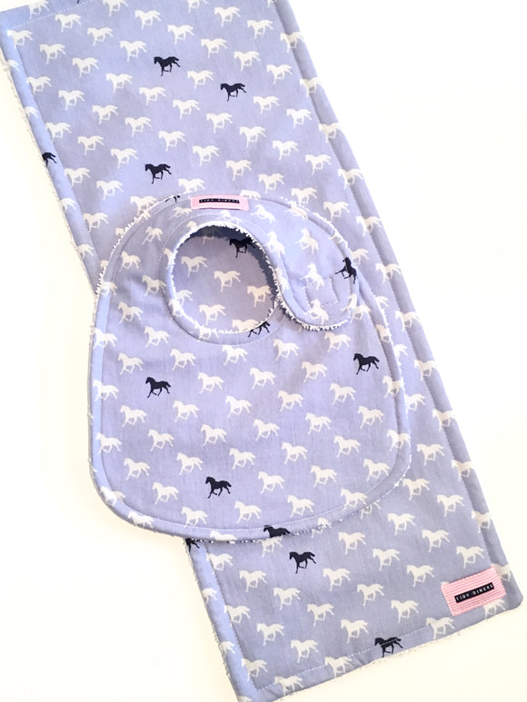 Periwinkle & Navy Blue Horse Bib & Burp Pad Gift Set