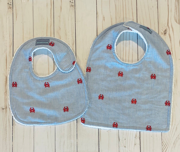 Cute Red Crabs on Blue Stripe  Baby Bib