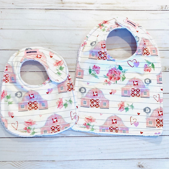 Pink Roses, Hearts & Barns Baby Bib