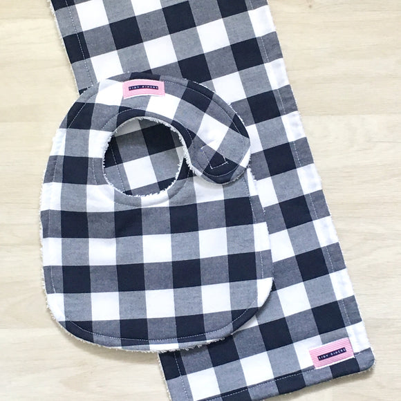 Navy Blue BIG Check Bib & Burp Pad Set