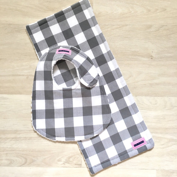 Gray and White BIG Check Bib & Burp Pad Gift Set