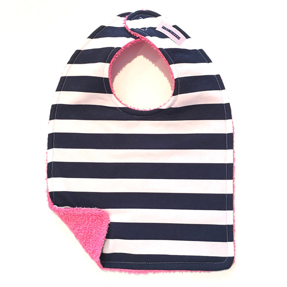 Navy & White Thick Stripe With Pink Terry Bib