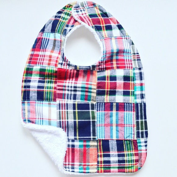 Navy and Red Madras Bib
